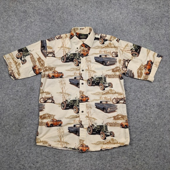 Redhead Button Down Shirt Mens Medium Beige Short sleeve Classic Car AOP - Picture 1 of 5